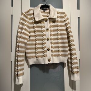 Ann Taylor Cream and Nautical New England Fisherman Tan Cable Knit Cardigan